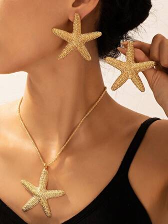 1 Set de joyas exageradas y elegantes con forma de estrella de mar metálica, incluyendo collar y aretes, para uso en vacaciones, estilo europeo y americano