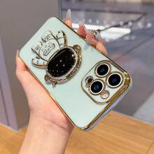 宇航员支架手机壳，可折叠电镀软壳防震保护套，适用于 17 16 15 14 13 12 11 XS XR X 7 8 Plus Pro Max Galaxy S25U S24 S23 A55 A54 A35 A25 A15 A16 A17 A06 A07、Redmi 9 10 12 13 14C T A Redmi Note 9 10 11 12 13 14、Redmi A5 电镀保护套 - 綠色 - 查看 3