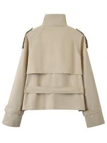 女式短款双排扣风衣 - 卡其色缺口领长袖外套，腰带系带，街头风格春秋休闲外套