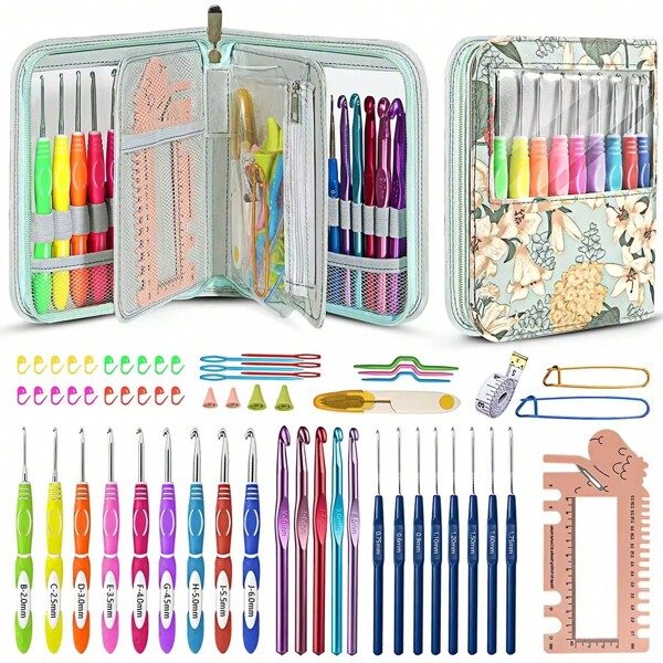 1 Set de Ganchos de Ganchillo Ergonómicos, Juego de agujas de tejer, Hilos para tejer, Kits de Manualidades de varios tamaños, Herramientas de Arte de Punto a Mano para Amantes del Ganchillo y Principiantes