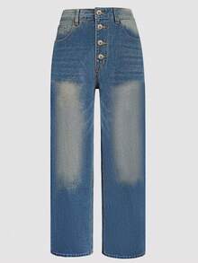 Jeans in denim lavato da donna, stile di strada alla moda con singola fila di pulsanti multipli, jeans dritti, morbidi, casual, retrò, blu, per uso quotidiano - Blu - Visualizzare 4