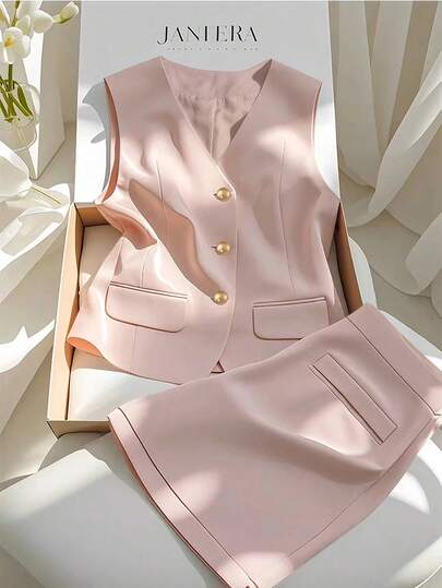 2件套女士纯色背心和短裤高档通勤抗衰老高级职业套装粉色