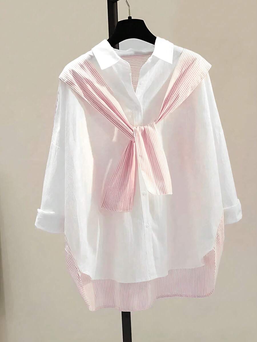 女士休闲百搭二合一系带衬衫 - 粉色 - 查看 1