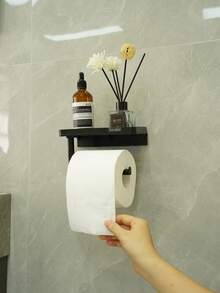 Adhesive Tissue Holder Wall Mounted Suitable For Kitchen, Bathroom, Bathroom Tissue Roll Hanger With Storage Rack, Self-Adhesive Tape Adhesive, Toilet Paper Holder Wall Mounted, Matte Black - Multicolor - View 6