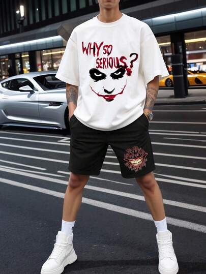 Warner Bros The Joker Cartoon Print Men's Casual Short Sleeve T-Shirt + Shorts 2 Pieces Set, Summer
