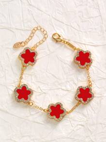 1 pulseira feminina elegante com trevo vermelho incrustado, adequada para uso diário (sem embalagem)
