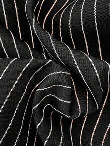 女士优雅休闲条纹系带纸袋腰裤，适合春、夏、秋季穿着，黑色 - 黑色 - 查看 3