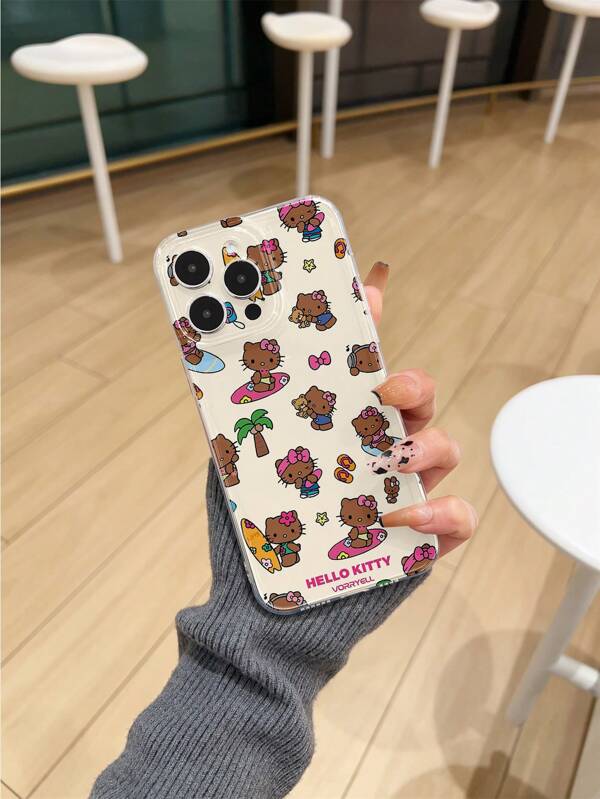 Sanrio Cute Girly Beach Black Hello Kitty Cat Illustration Phone Case Compatible With IPhone 16 Pro Max, IPhone 15 Pro Max, IPhone 14 Pro Max, IPhone 13 Pro Max, IPhone 12 Pro Max, Galaxy S23, Galaxy S24 Ultra 5G, Galaxy S22, Galaxy S25, Galaxy A33, Soft Silicone Full Body Protective Shockproof Phone Cover