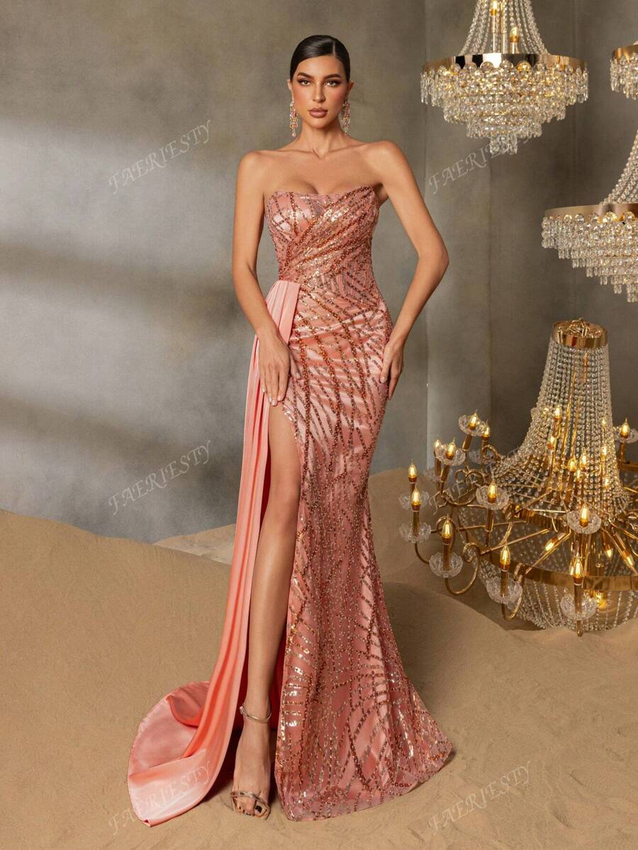 Faeriesty Faeriesty Luxury Sequin & Beaded Mermaid Gown - Strapless With Cross Back Straps, High Slit Revealing Fish-Scale Sequin Accents, Flared Tulle Train Overlay For Black Tie Affairs, Bridal Banquets, Red Carpet Galas