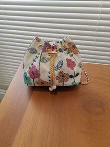 新款中国风亚麻单肩包，书法单肩包，复古印花水桶包，女士休闲时尚手提包，春季托特包 - 彩色 - 查看 5