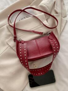 时尚复古长方形手提包，女士铆钉装饰腋下包，经典拉链单肩包，适合购物、钱包、购物、年轻女性、大学生、新人、白领。非常适合办公室、大学、工作、商务、通勤、户外活动、旅行和郊游