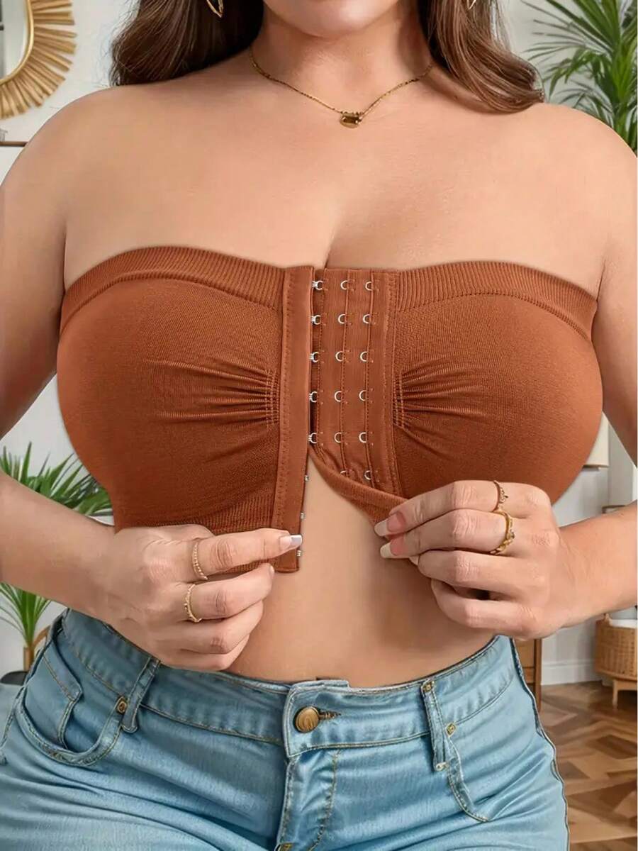 Plus Size Women's Strapless Bandeau Bra – Seamless Invisible Push-Up, Front-Closure Wireless Comfort, Back Mesh For Slimming & Support – 3-Row Hook, Ultra-Stretchy Off-Shoulder Solid Color Underwear - 棕色 - 查看 1