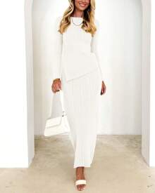 Women 2 Piece Outfits Long Sleeve Asymmetric Slit Hem Tops Midi Bodycon Skirt Sets Lounge Knit Sweater Set
