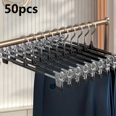 50pcs Stainless Steel Pant Hanger With Adjustable Clips, Odorless & Easy To Use, Metal Drying Rack, Plastic Coated Trouser Hanger, Home Invisible Pants Storage Rack With Lingerie Clip, Pant Hanger, Suit, Scarf & Heavy Duty Non-Slip Hook, Suitable For Bathroom, Bedroom, Wardrobe, Dorm