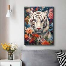 1 件套无框圆形钻石画套装，花卉与白虎主题 - 全钻石艺术，DIY 画布马赛克工艺套装，包含笔、胶水、钻石托盘和钻石珠。适合钻石画爱好者，精美家居墙面装饰礼物，儿童益智玩具，减压辅助工具