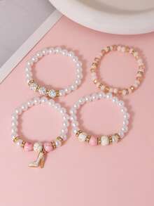 4pcs Set Elegant Faux Pearl, Turquoise Bead, Rhinestone Decor Layered Elastic Bracelet, Suitable For Women Daily, Date, Party Accessories