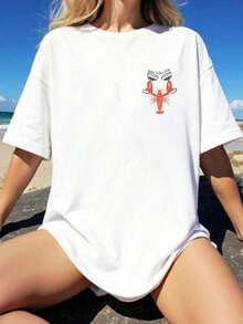 海盐汽水口味龙虾图案，加大码女式休闲宽松圆领短袖T恤，夏季沙滩白色 - 白色 - 查看 2