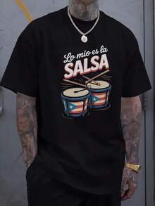 Camiseta negra para hombres - Bandera puertorriqueña, tambores bongo y estampado gráfico "Lo mio es la SALSA", camiseta casual ligera de verano, ajuste regular, manga corta, cuello redondo para fanáticos de la música salsa, ropa de fan, camiseta de tema musical, tela cómoda, ropa de festival, diseño patriótico, material transpirable, camiseta estampada, asistentes a festivales - Negro - Ver 2