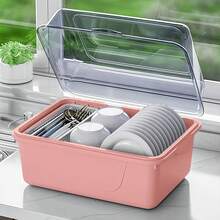 1 pieza Escurreplatos de cocina multicolor con tapa transparente, contenedor de almacenamiento de gran capacidad, escurridor de platos para el hogar