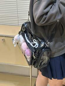 新款日系PU皮Y2K心形链条透明徽章包，休闲简约街头风多功能大容量单肩斜挎包，可装杂物、挂钥匙、收纳明信片 - 黑色 - 查看 3