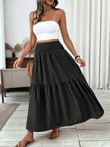 Plus Size Women Casual Solid Color Long Skirt Spring - Pure Black - View 6