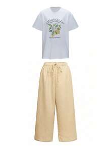 Plus Size Lemon Print T-Shirt And Plaid Wide Leg Pants Set - Casual Matching Set, Comfortable Autumn Outfit, Easy Women's Two Pieces Styling, Street Style, Outdoor Wear Elegant Summer - Multicolor - View 2