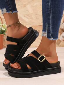 نعال نسائية كاجوال باللون الأسود، تصميم مفتوح للأصبع، سميكة الأرضية، لون أحادي، حزام متقاطع للخارج، صندل شاطئ لابس من الخلف، صيفي