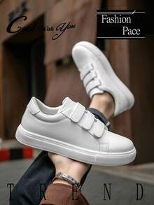 男士时尚简约纯白色低帮魔术贴休闲运动鞋，日常轻便舒适时尚情侣运动平底鞋 - 白色 - 查看 2