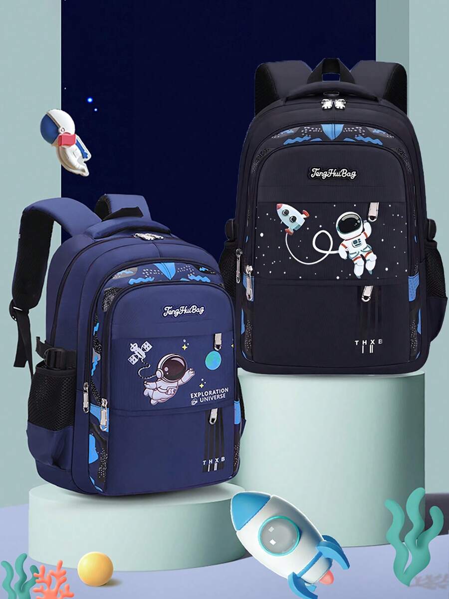 1 Pieza Bolsa de viaje grande con cierre de cremallera, protección para la espalda y diseño de astronauta de dibujos animados para niños y niñas, de uso diario - astronauta - Ver 1