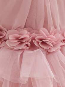 Baby Girls' Elegant Fuchsia Sleeveless Floral 3D Mesh Princess Dress, Adorable Party Gown Suitable For Girl's 1st Birthday, Wedding, Banquet, Holiday, Festival Celebration