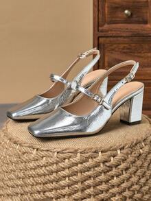 1 双女式蛇纹扣高跟鞋，性感时尚走秀模特高跟鞋，7 厘米粗跟，适合正式婚礼派对场合