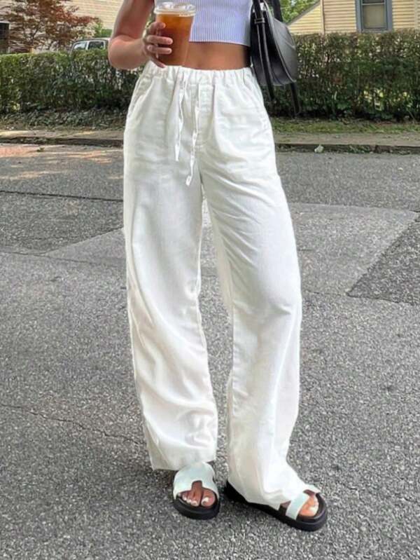 MYOURSA Pantalones blancos sueltos de verano, mezcla de lino