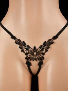 Sexy Lingerie, Sexy Lingerie Lace A Black Floral Erotic Lingerie Set Featuring Sheer Hollow-Out Corset And Thong. With A Pull-String Front For Instant Breast Release, Perfect For Couples' Passionate Nights.