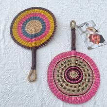 1pc Round Handwoven Colorful Fan, 9.84 Inch Width/14.95 Inch Length, African Elements Wall Decor Hanging Fan, Summer Beach Travel Hand Fan - Multicolor - View 6