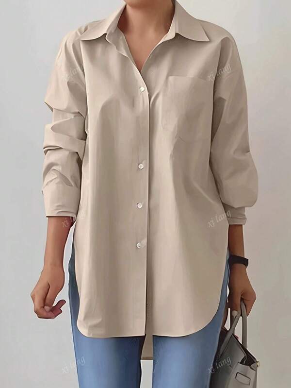 Blusa de manga larga con cuello de solapa, borde dividido y color liso para mujer en primavera/otoño