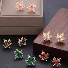 1 Pair Women's Fashionable Earrings, Elegant & Luxurious Maple Leaf Shaped Copper Inlay Synthetic Zirconia, Suitable For Daily, Party, Festival And Couple Gift