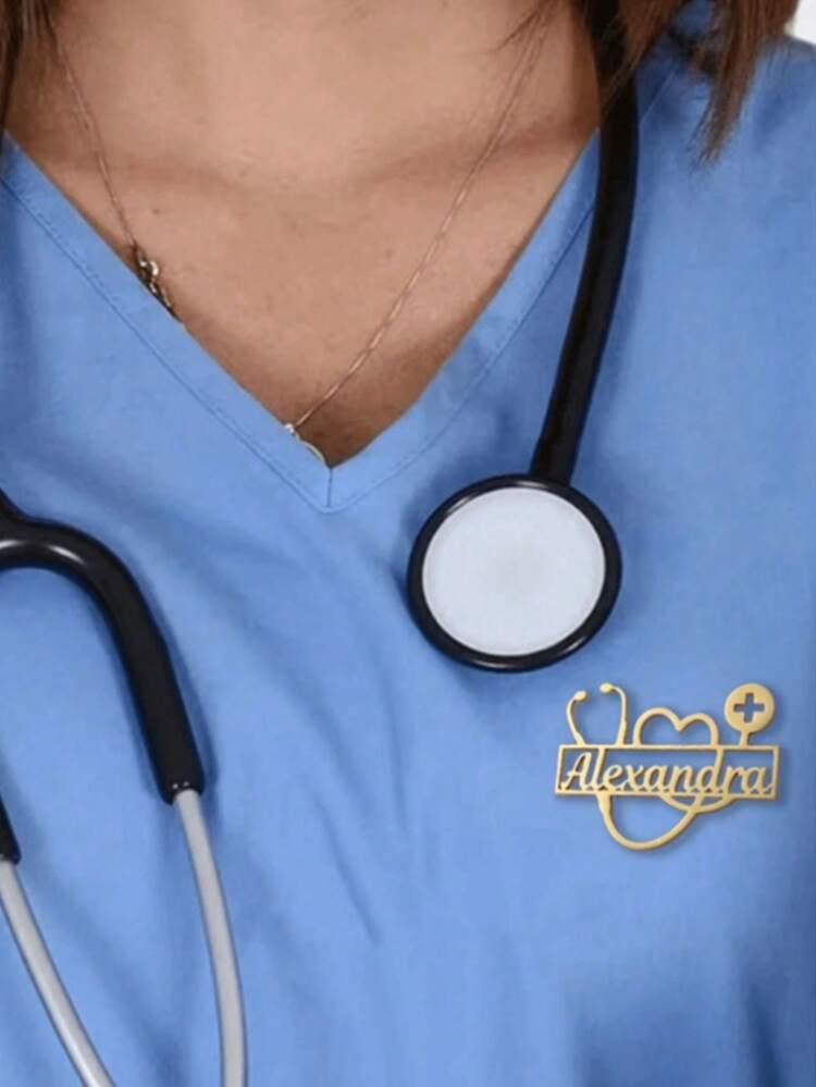 Personalized Name Stethoscope Brooch - Customized Gold Stainless Steel Medical Staff Jewelry, Heart & Cross Design, Perfect Nurse's Day Gift Or Casual Decoration, Nurses Stethoscope Accessory - Multicolor - View 3