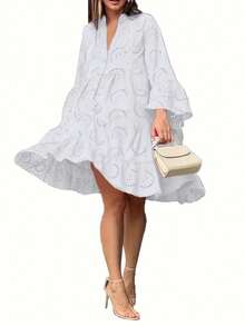 Women's Fashion Casual Hollow-Out Lace Trim Open Front Loose Long Sleeve Dress - 白色 - 查看 3