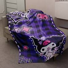 1 件 Sanrio Kuromi 图案柔软毛绒印花法兰绒毯，万圣节骷髅盖毯，适合床、沙发、办公室、露营 - 所有季节，送给家人和朋友的完美万圣节礼物，办公室膝毯 | 卧室装饰 | 蓬松涤纶，格纹设计，紫色盖毯 - 彩色 - 查看 7