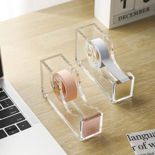 1pc Transparent Acrylic Tape Dispenser With Elegant Tape Cutter, Suitable For Office Use