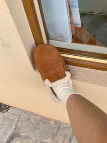 XIXITIAO 1双女士秋冬简约抽绳金属扣复古休闲一脚蹬乐福鞋，毛绒鞋头，浅棕色 - 棕色 - 查看 3