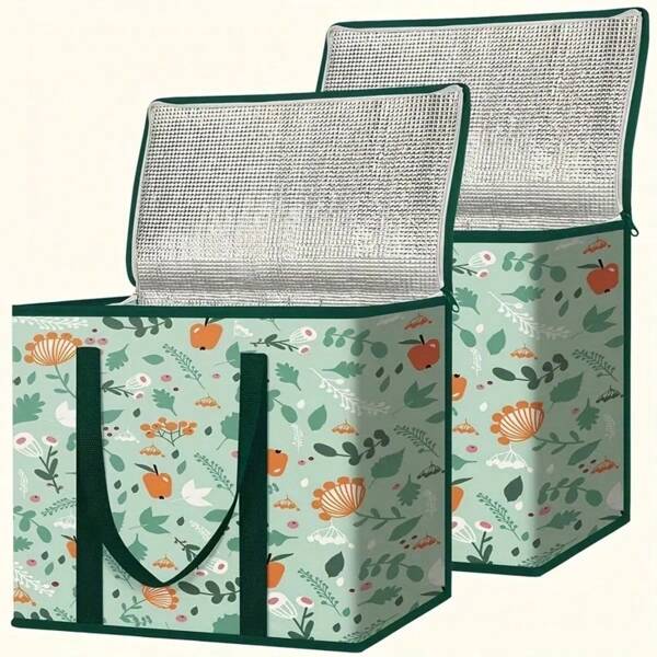 Large Reusable Floral Grocery Bag, Insulated - Insulated Bag, Insulated Container, Can Keep Warm/Fresh For Long Time, Durable Zipper Top, Spacious Interior With Storage Pocket, Perfect For Catering, Pizza Delivery, Barbecue And Outdoor Picnics