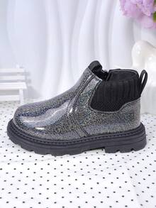 时尚新款婴儿靴，适合幼儿/大童的儿童靴，高帮女童踝靴，带侧拉链，平底休闲亮面皮革短靴 - 黑色 - 查看 7