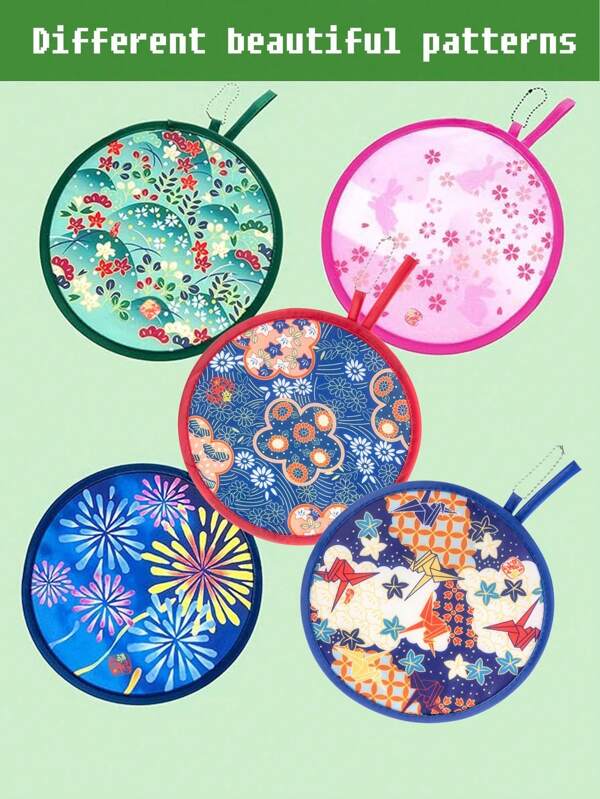 1 Stück eleganter mini tragbarer faltbarer runder Fächer, japanisches Kranich-Muster, Nylon-Faltfächer, geeignet für Kinder, Frauen, erfrischend, spaßig, ein tolles Geschenk