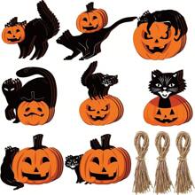 12/8件万圣节木制南瓜黑猫装饰挂件鬼节家居场景装饰摆件复古木制节日礼物装饰摆件