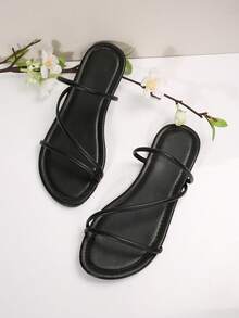 Sandal đế bằng nhiều quai, màu trơn, mũi vuông, chất liệu da PU, dành cho nữ, thời trang và đa năng cho mùa hè, phù hợp cho dạo phố, hẹn hò, du lịch, ở nhà, đi làm, dự tiệc, đi biển. - màu đen - Xem 6