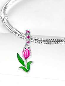 1Pc Fashionable Flower Tulip Clover Charm Bead Fit For Women Bracelets Bangles DIY Jewelry Making And Daily Outfit Matching Jewelry Decoration For Girls - Silver - View 11