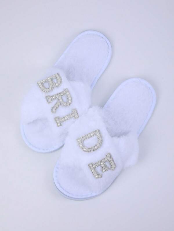 1 Peça Chinelo Nupcial Elegante com Pérolas Brancas Aconchegantes, Design Fofinho, Forro de Tecido Macio, Festas de Despedida de Solteira e Comemorações de Casamento