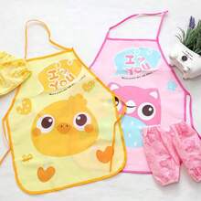 Cute Cartoon Kids Cooking Apron With Sleeves, Chef Hat And Pocket Apron Set, Children's Craft Art Kitchen Cooking Chef Set For Drinks, Food, Baking Toys, 3-8Y, Waterproof PVC Painting Smock, Toddler Preschool Art Smock