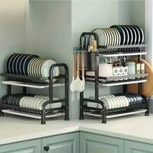 1 pieza Estante de almacenamiento de cocina grande de 3 niveles, equipado con sistema de drenaje rápido, soporte para cuchillos y tenedores, soporte para tabla de cortar, secado en la parte superior - Organizador multifuncional de utensilios, adecuado para cuencos, platos, elegante rejilla metálica para platos